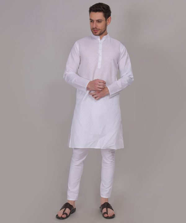 Charvi - White Cotton Self Design Woven Mens Kurta