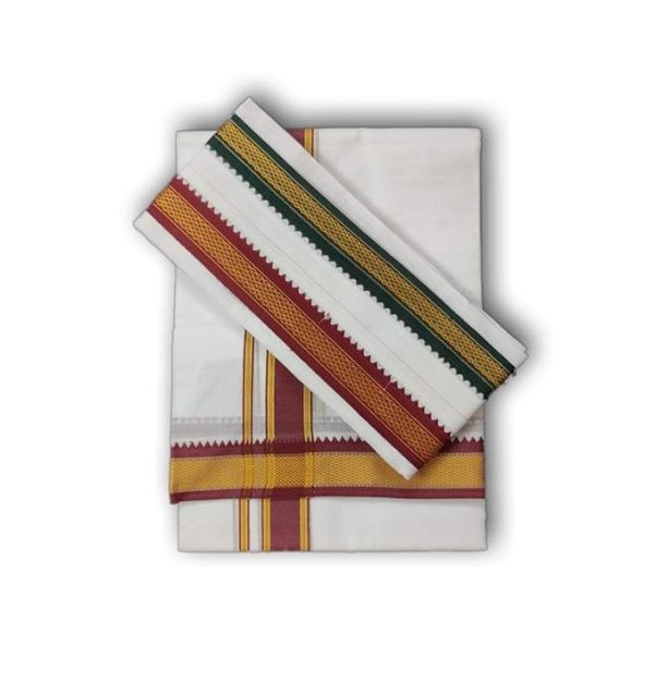 Exclusive Dhoties Men's Traditional Pure Cotton Mayilkann Ganga Jamuna Bleached White Dhoti Size 8 Mulam/ 3.60Mtrs & 4 Mulam / 2Mtrs With Separate Angavastram