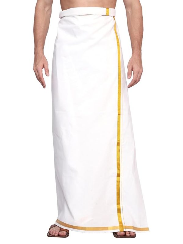 Gowri Tex Men's 100% Pure Cotton White With Gold Jari Lungi in Size 2 Mtrs Single Lungi- Pack Of 1