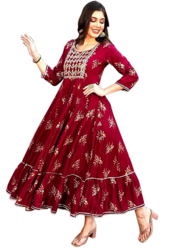 Women's Anarkali Long Gown Kurti with Gold Print & Embroidery - Ethnic Flared Dress for Girls Casual Wear