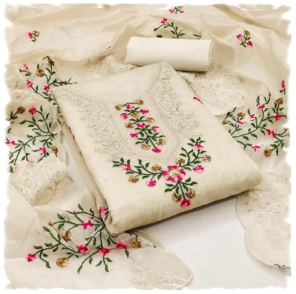 Women's Heavy Cotton Thread & Sequence Embroidery Work Unstitched Salwar Suit Dress Material With Chanderi Sequence Work Dupatta